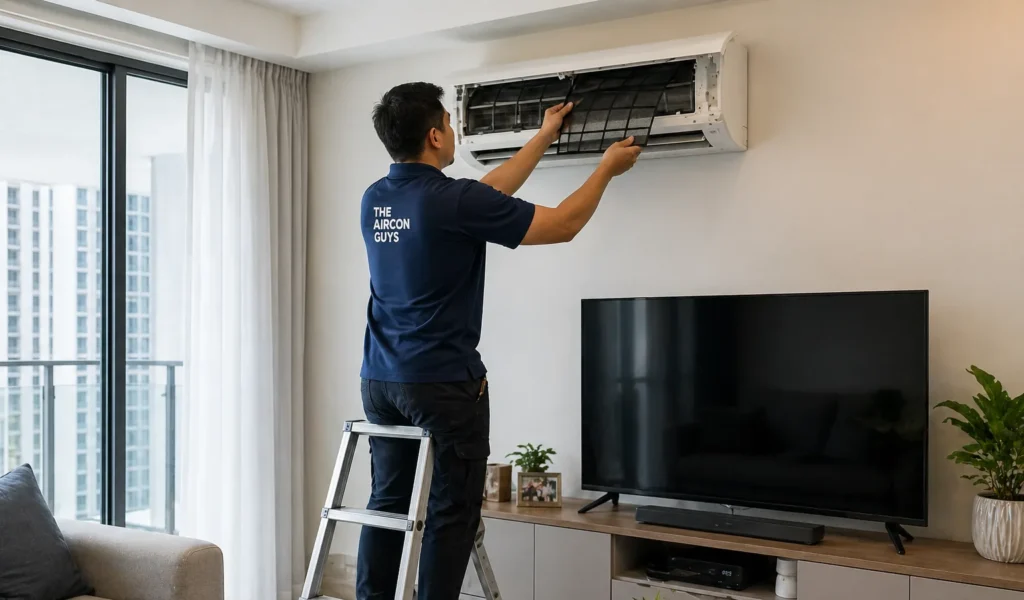 The Aircon Guys technician servicing a wall-mounted aircon unit in a home in Petaling Jaya